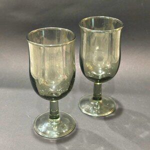 Vintage Smoke Gray Glass Wine Water Goblets Glasses Set of 2 Unmarked Stem 8 oz